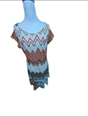 dressbarn Chevron Knit Short-Sleeve Tunic in Blue, Orange, Black, Cream
